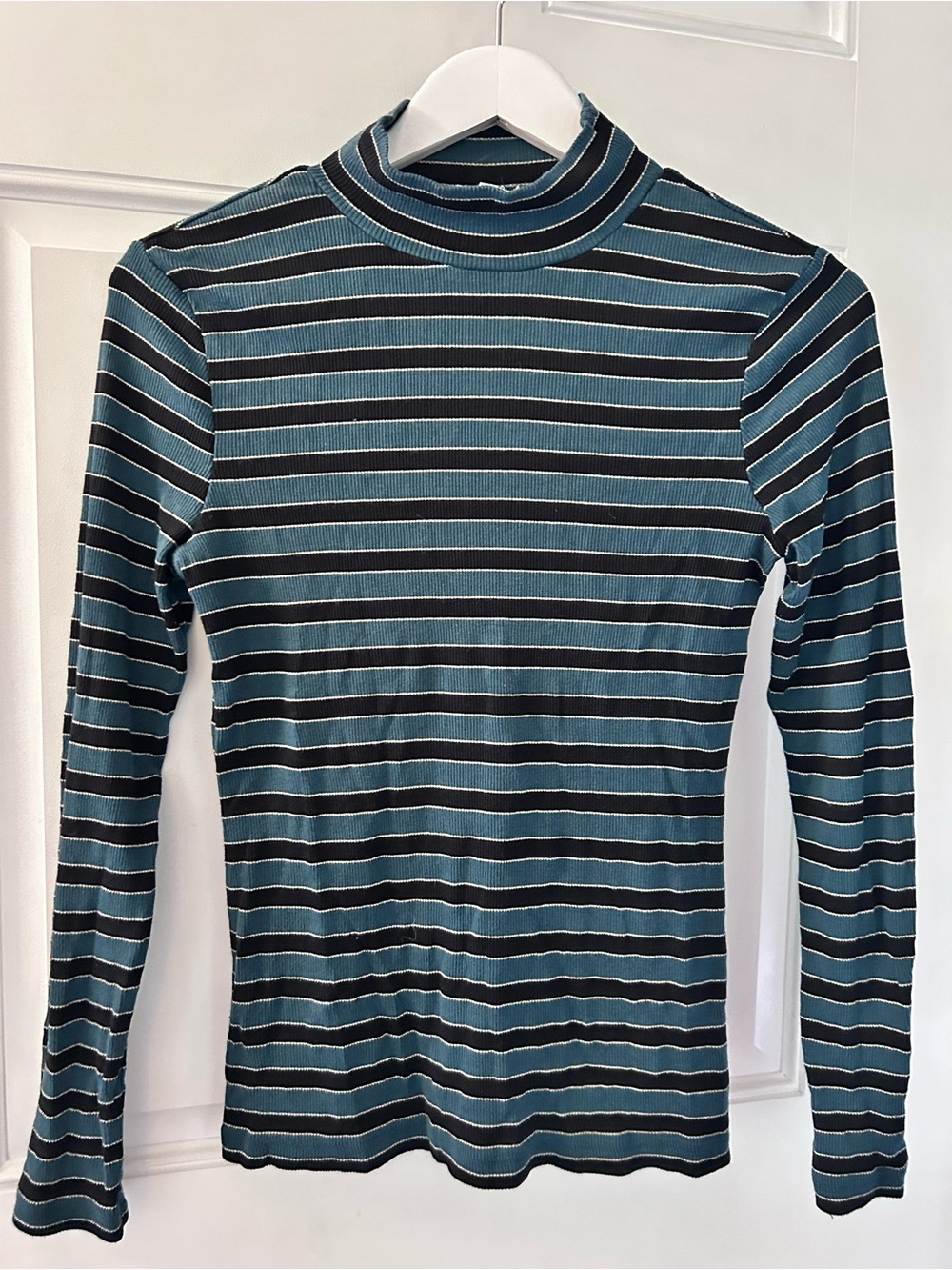 FatFace Striped Long-Sleeve Mock Neck Top in Teal and Black